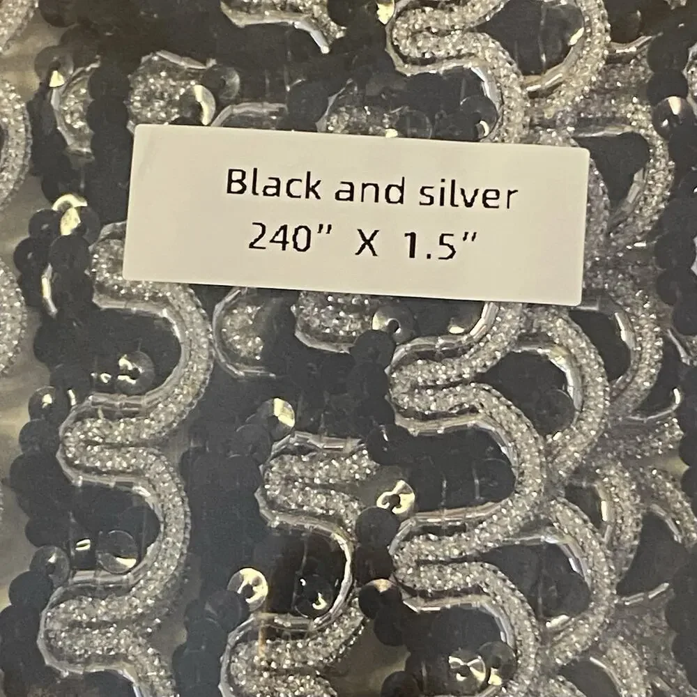 Vintage Black Sequin Silver Rickrack elegant Dressy Trim 36” X 1.5” Sewing Doll